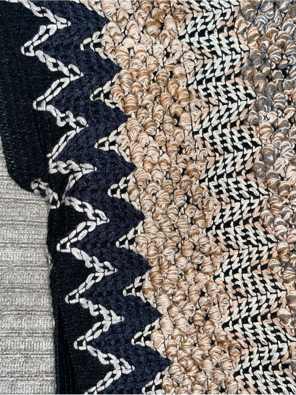 Angie Boucle Mosaic Knitted Chevron Shawl Tan Navy Black Poncho Pockets Boho - Picture 7 of 12